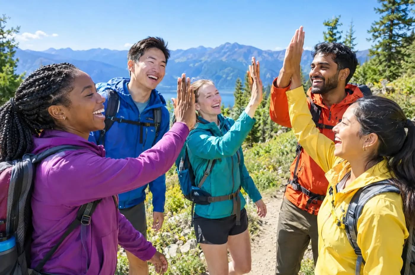朋友们在山间小路上击掌