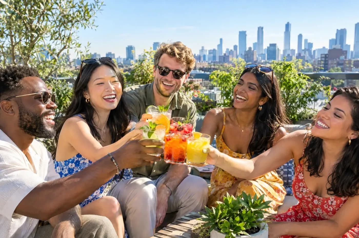 朋友们在阳光明媚的屋顶上举杯